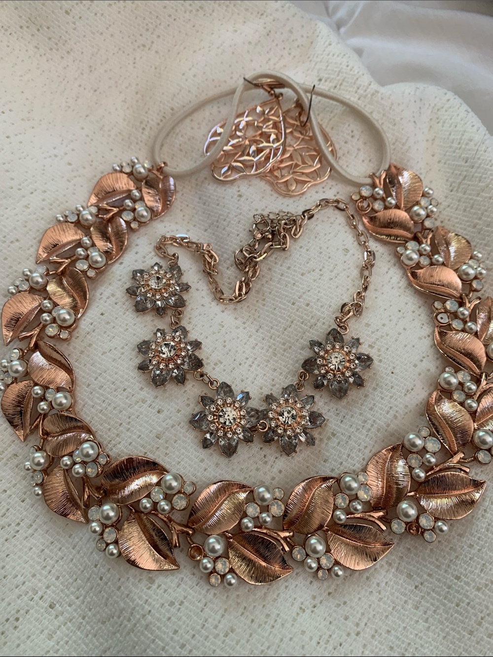 Rose Gold Collection: headpiece, statement necklace, and earrings
